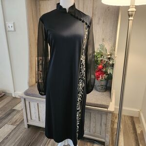 Vintage Alfred Shaheen Black And Gold Qipao Dress Hand Painted 1970's